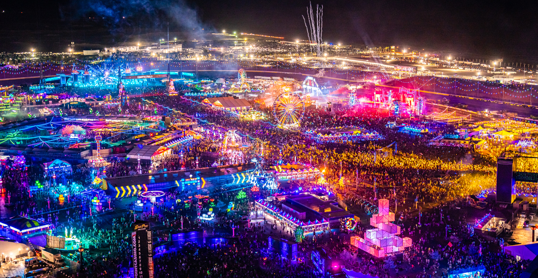 View of art installations at EDC Las Vegas from helicopter