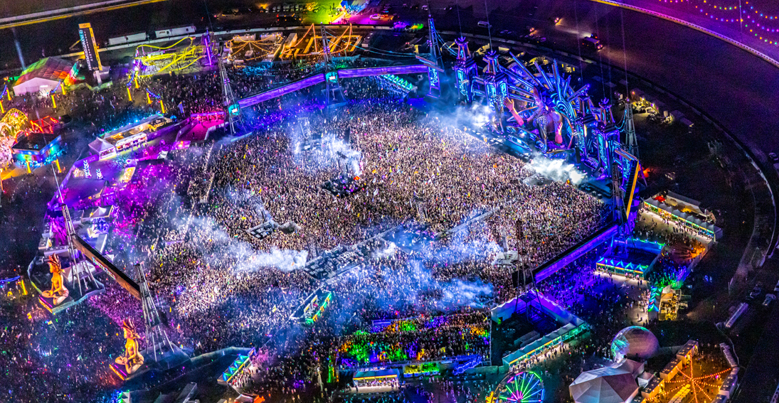 Pyrotechnics at EDC Las Vegas from the air
