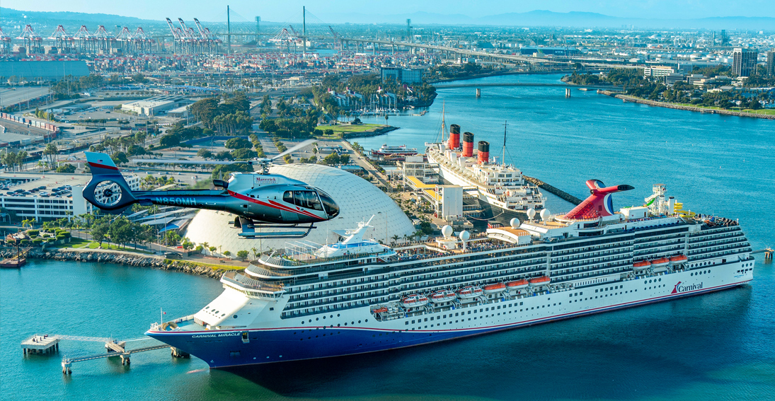 Soar above and enjoy panoramic views of Queen Mary and cruise ships during a luxury helicopter excursion.