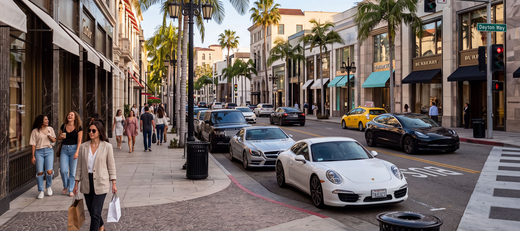 Palm-lined Rodeo Drive with luxury storefronts in Beverly Hills