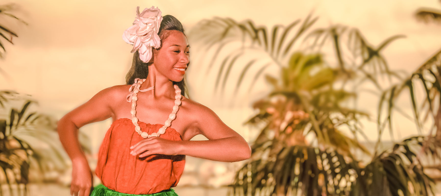 Hula dancer performing surrounded by tropical foliage during a Hawaiian luau