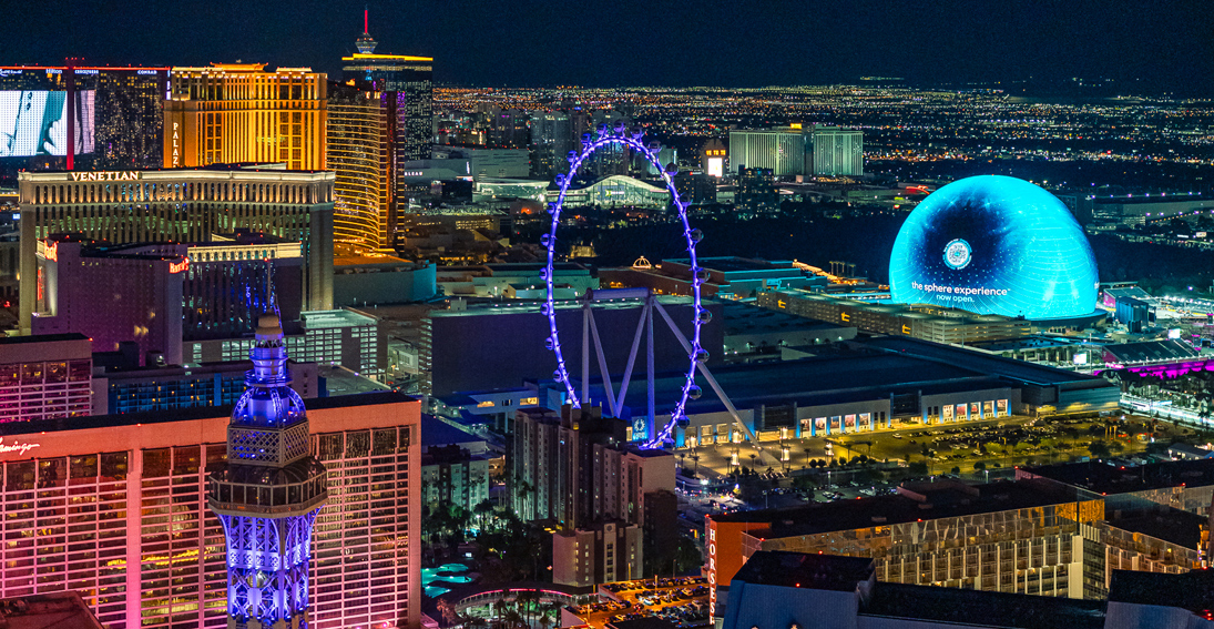 Aerial view of Las Vegas showcasing the High Roller and Sphere