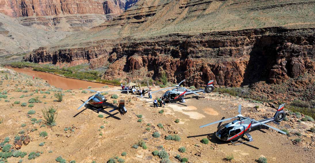 Helicopter flight and landing at the bottom of the Grand Canyon