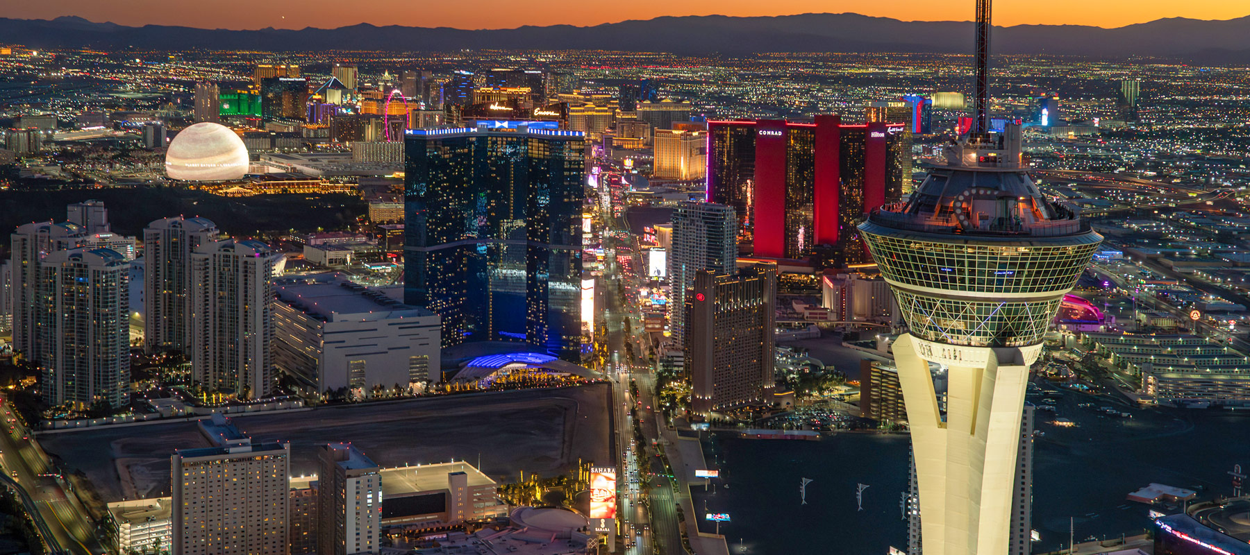 Las Vegas Strip illuminated at night with its iconic hotels and skyline
