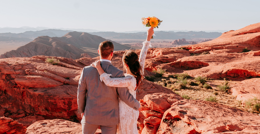 Couple exchanging vows in the unique desert landscape of Valley of Fire, surrounded by natural beauty